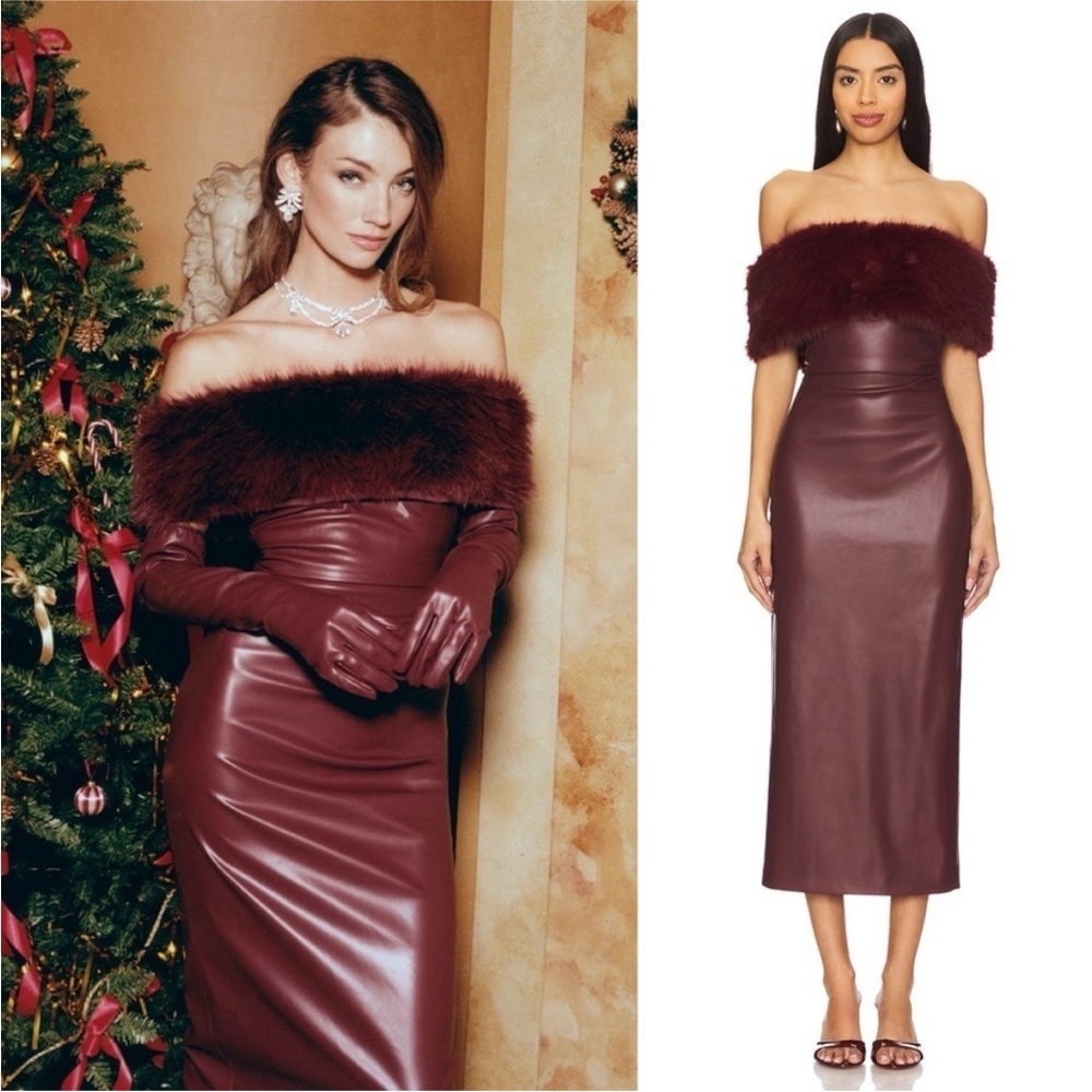 Nana Jacqueline- Gabrielle Leather Dress Red Size XS Fur Off Shoulder Midi